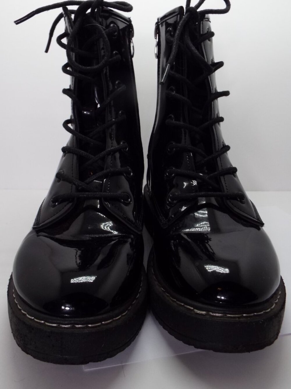 Shiny Black Heeled Combat Boots Size 8